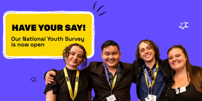 Have your say! Our national Youth survey is now open thumbnail. Four young people with arms around each other smiling.