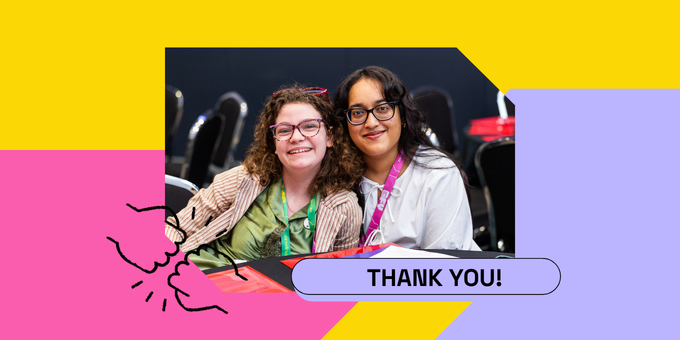 Banner image with an inner square containing two people smiling and an outer background of Yellow, Pink and Purple portions