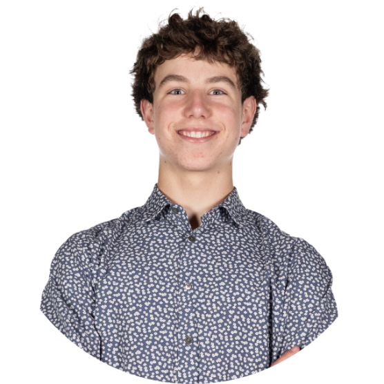 Young person wearing a long sleeved, collared shirt with short hair, smiling.